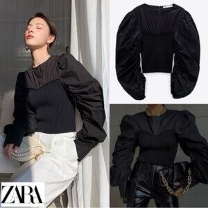 Zara Black Voluminous Puff Sleeve Ribbed Knit Top medium